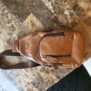 BULLCAPTAIN Leather Men Sling Bags Travel Crossbody Chest Bag Hiking Daypack
